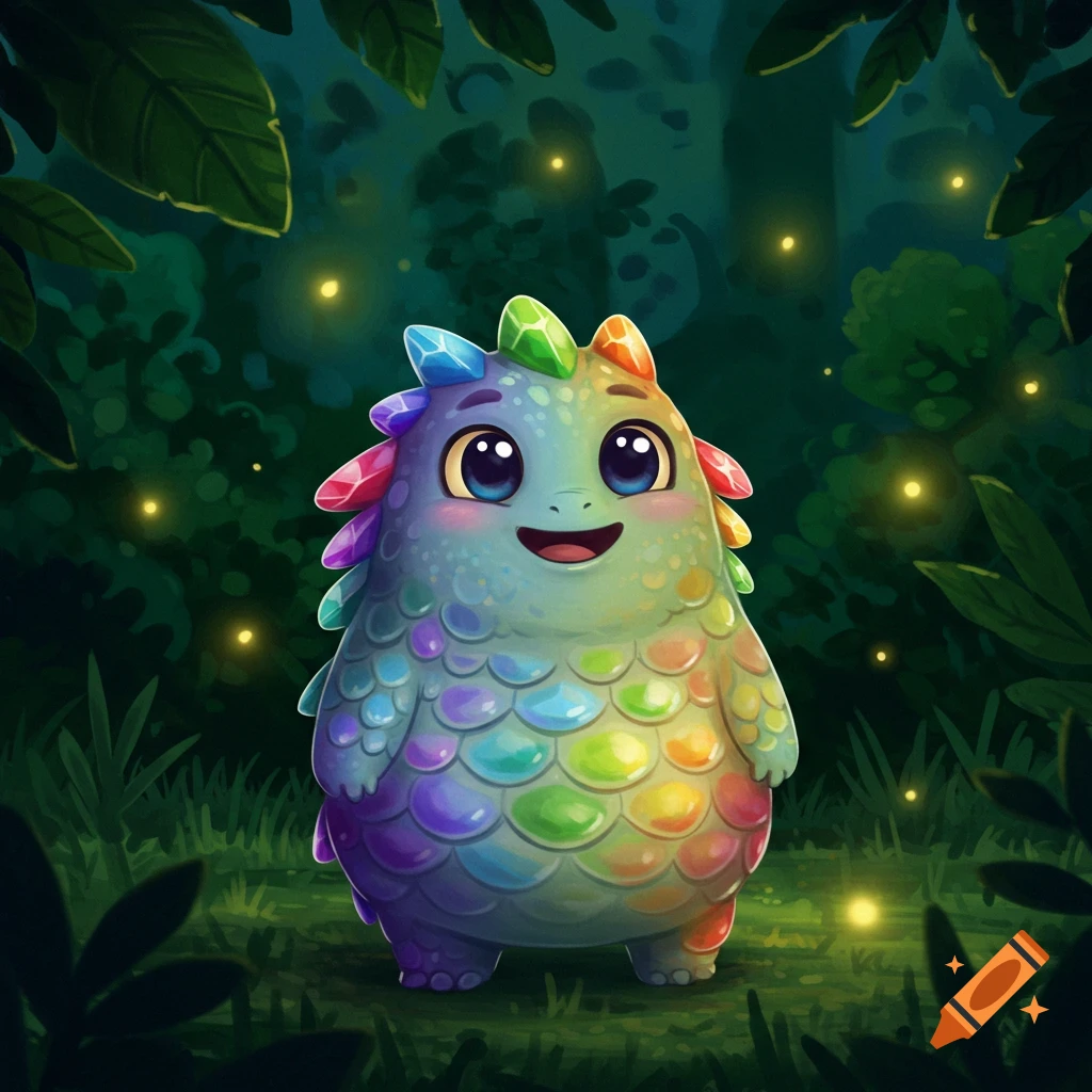 A cute, colorful, crystal-spiked creature smiles in a dark, magical forest with fireflies, in an illustrative style.