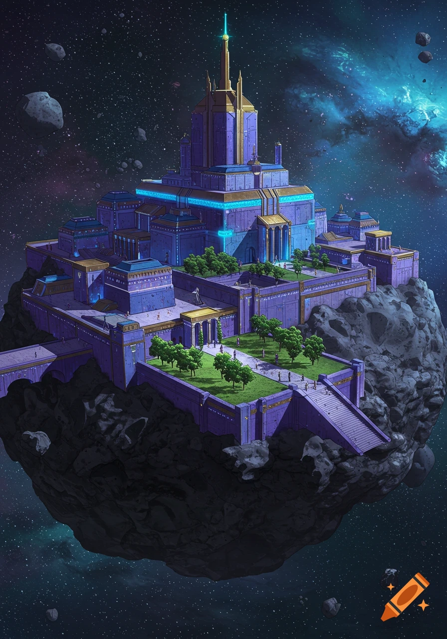 A massive purple, blue, and gold fortress with courtyards and small figures floats on a large rock in deep space with stars and a nebula.