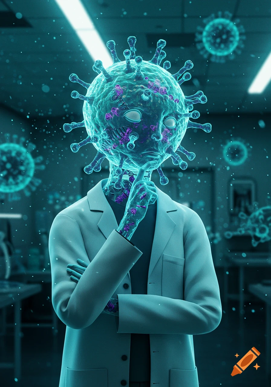 An anthropomorphic virus in a lab coat, with a thoughtful expression, surrounded by floating virus particles in a teal laboratory.