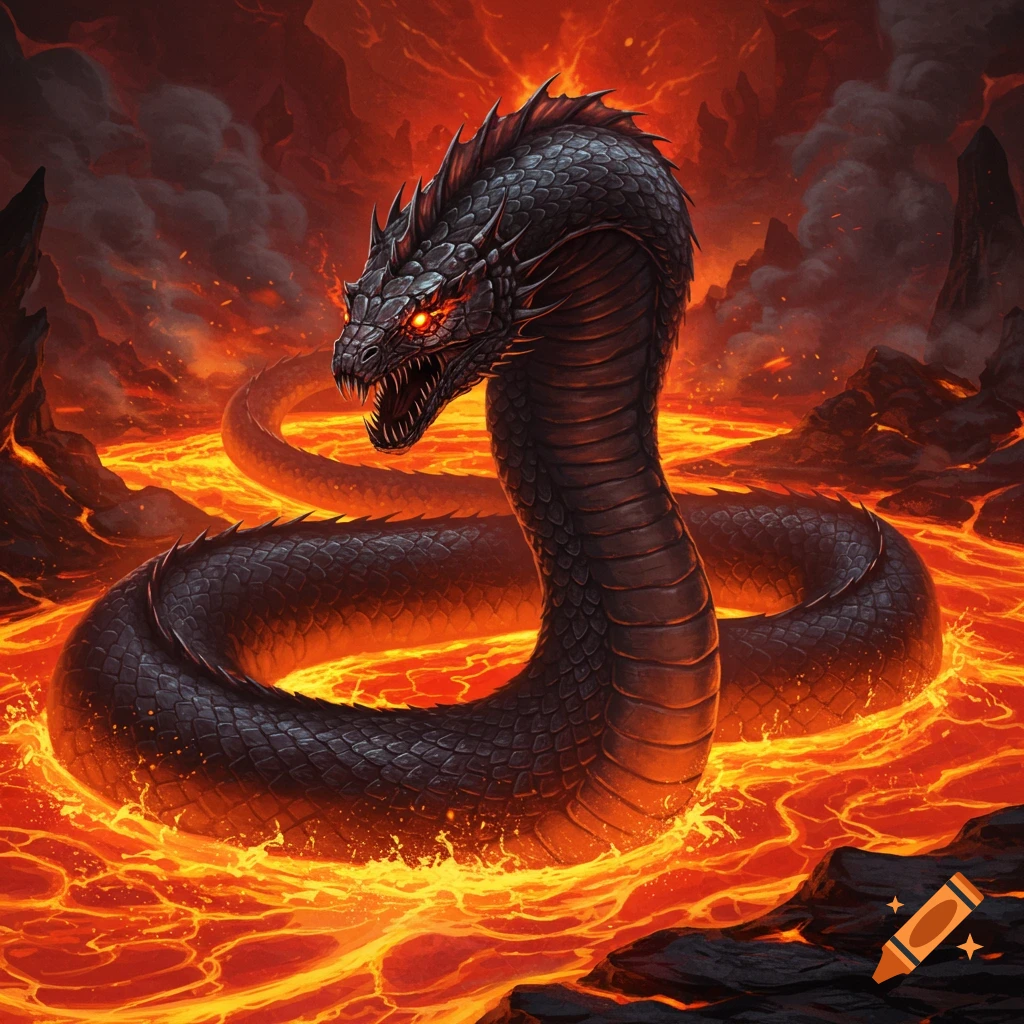 A giant black serpent with glowing red eyes slithers through a river of molten lava in a fiery volcanic landscape.