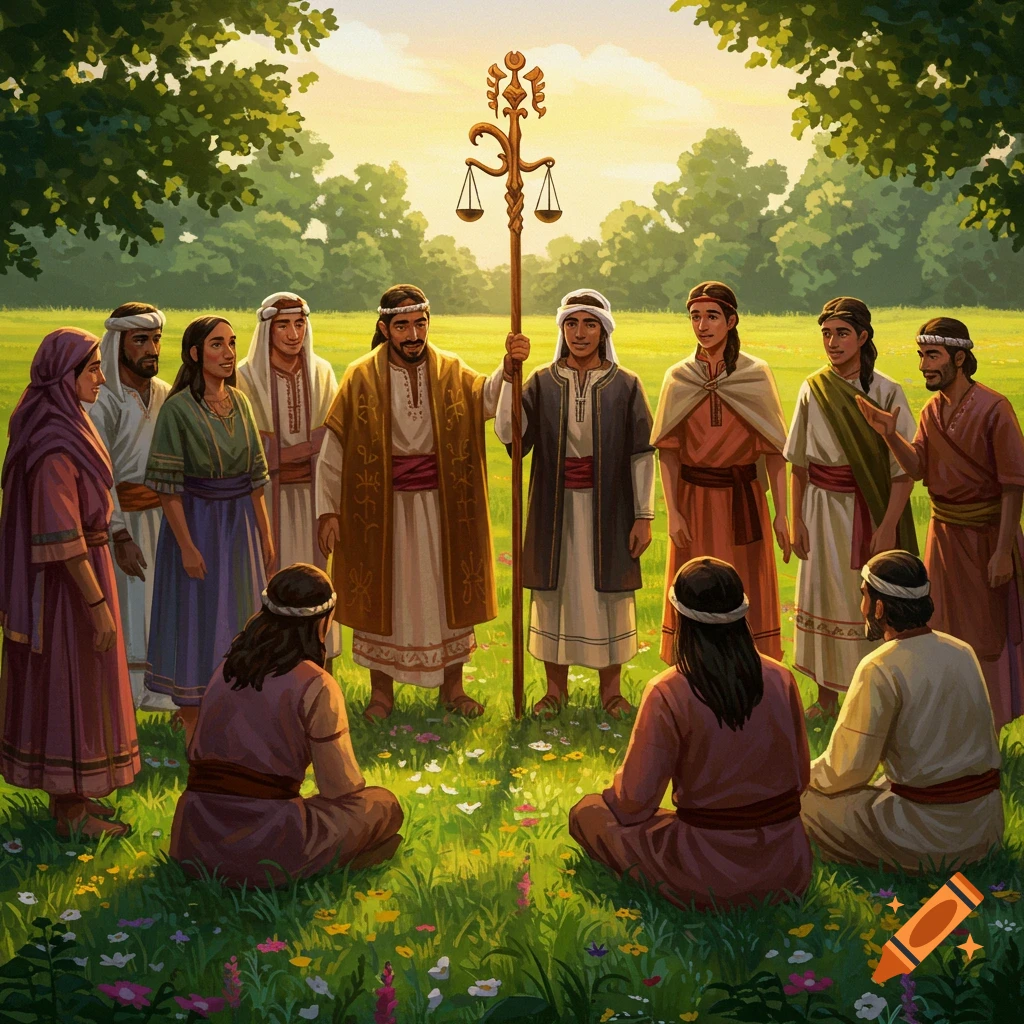 A group of people in ancient robes gather in a grassy field, one holding a staff with scales, under a bright sky with trees.