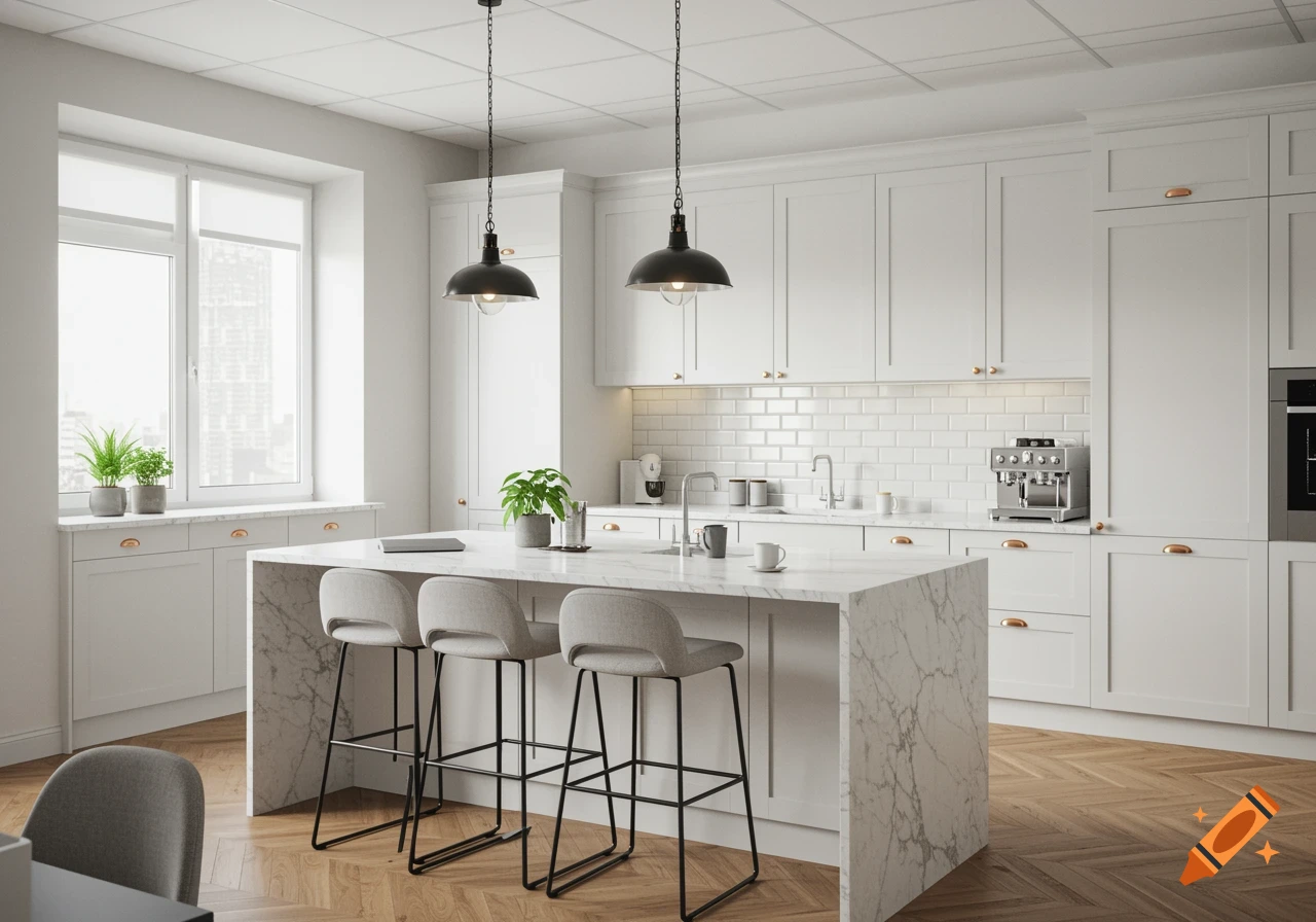 A photorealistic image of a bright, modern kitchen with white cabinets, a marble island, and herringbone wooden floors.
