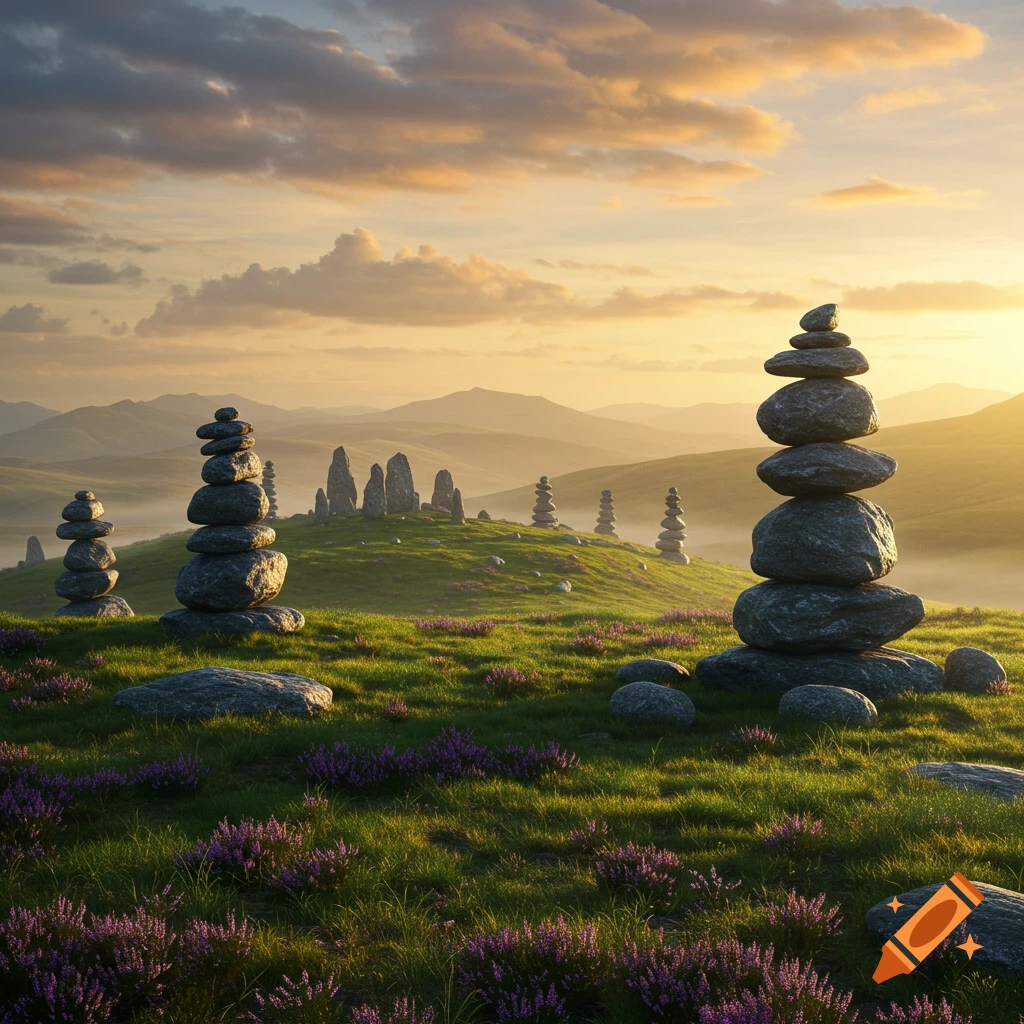 Cairn stone stacks on a grassy hillside with purple flowers, distant mountains, and a hazy sunset.