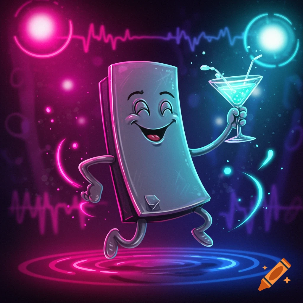 Cartoon character Clippy with a happy expression dancing at a neon rave while holding a cocktail.