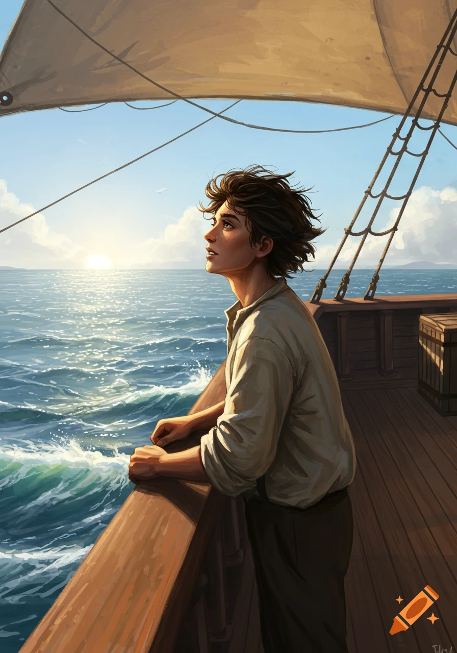 A young man on a wooden ship deck gazes at the wavy ocean and setting sun, wind in his brown hair. Illustration.