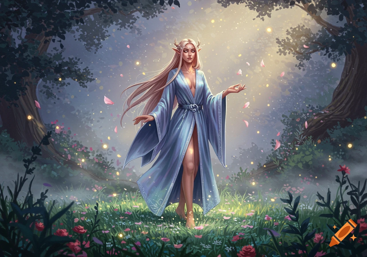 An elegant elf woman with antlers and long blonde hair stands in a magical forest with glowing lights and falling pink petals.