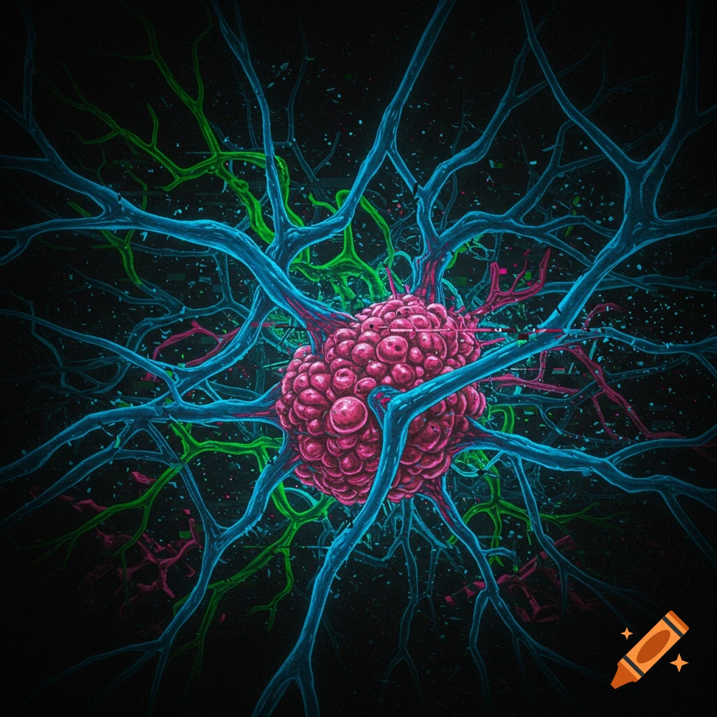 An abstract vibrant image of a pink, brain-like cluster with intricate blue and green neural connections, against a dark background with glitch effects.