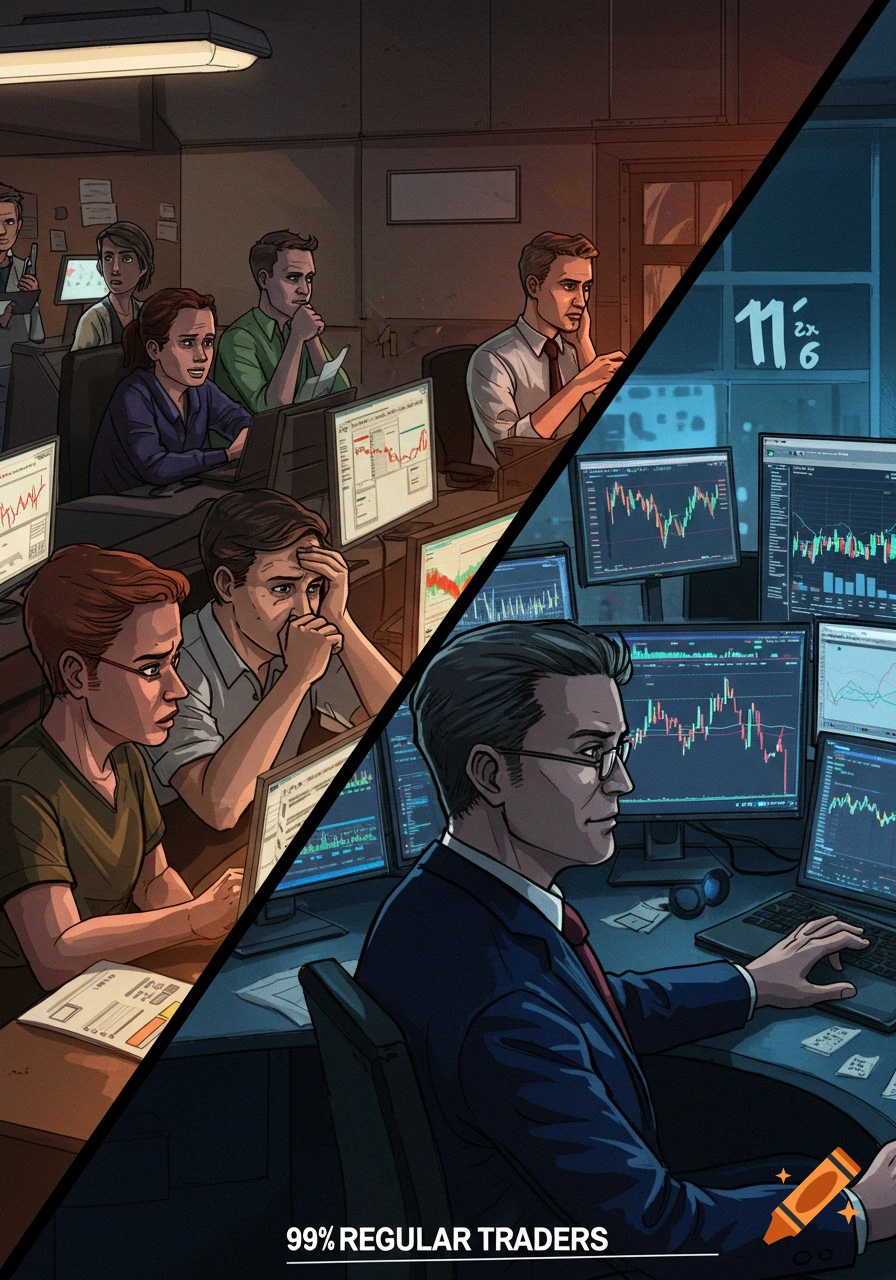 An illustrated split image shows anxious traders on the left and a calm trader on the right, labeled '99% REGULAR TRADERS'.