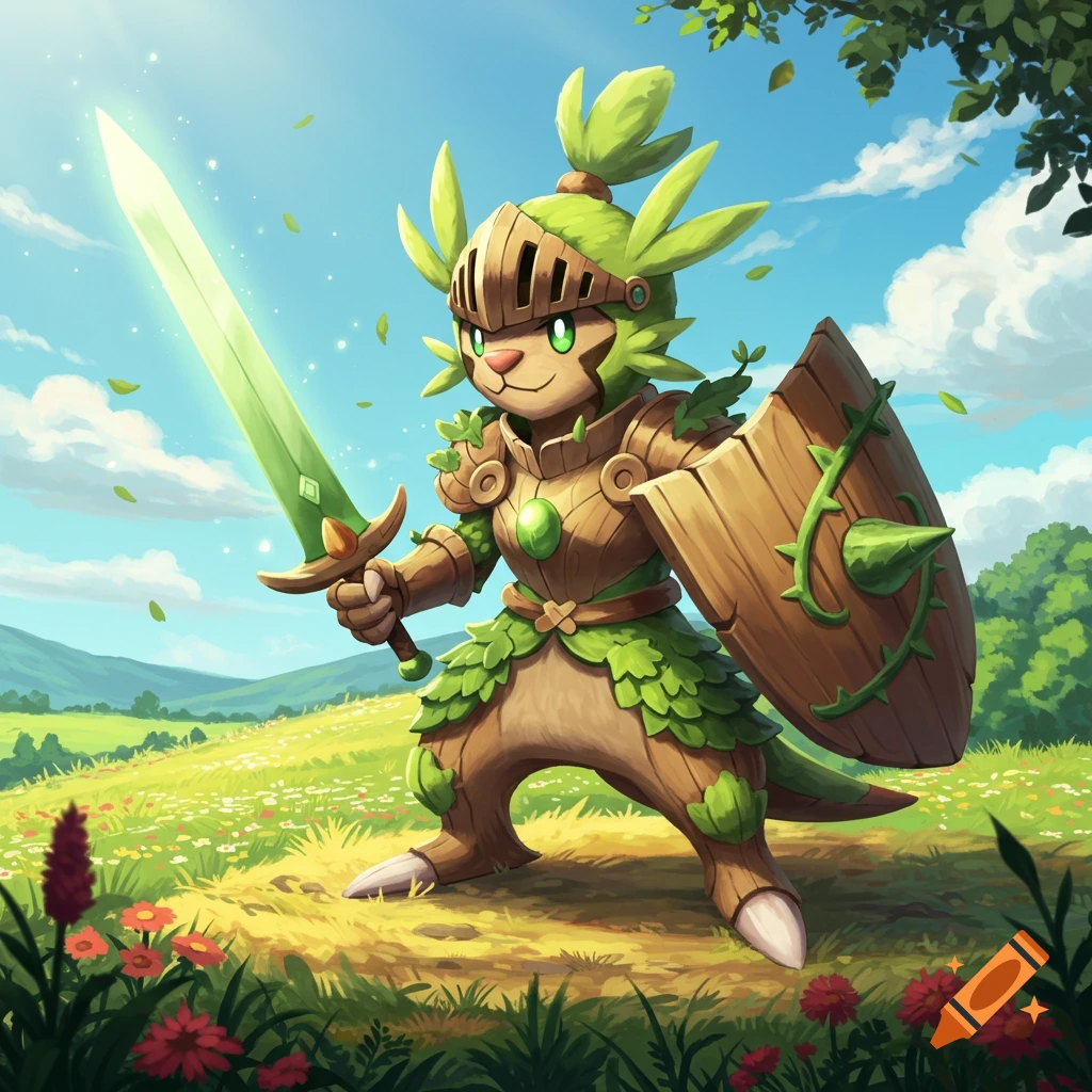 A cute, cartoonish Chespin-like knight in leafy wooden armor holds a glowing green sword and a thorny shield in a vibrant field under a blue sky.