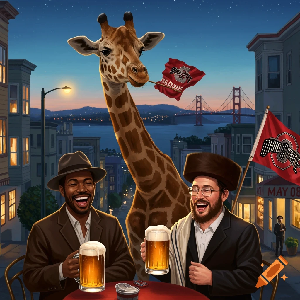An illustration depicts a black man and a Jewish man laughing and drinking beer at an outdoor cafe in San Francisco. Behind them, a large giraffe holds an Ohio State football flag in its mouth, with the Golden Gate Bridge visible in the background at dusk.