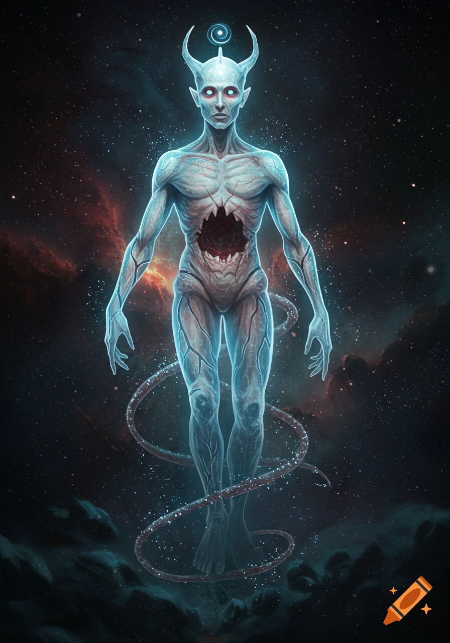 A glowing, pale, horned humanoid cosmic horror creature with a gaping chest cavity floats in a starry nebula-filled space.