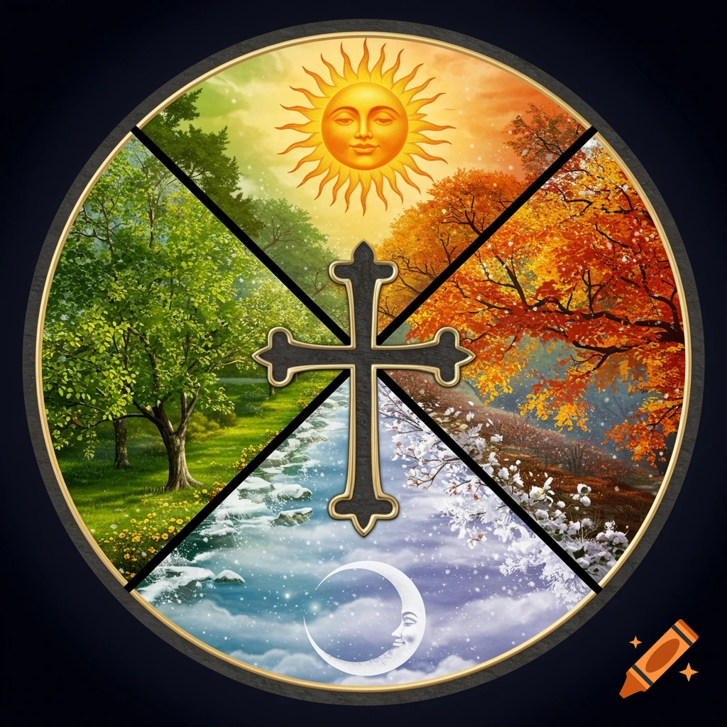A circular illustration with a cross in the center, divided into four sections representing spring, summer, autumn, and winter, with a sun and moon.