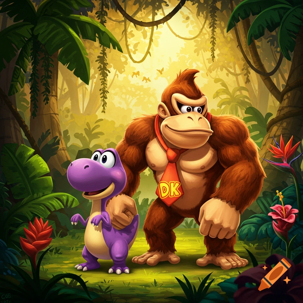 Donkey Kong and a purple dinosaur stand in a lush, sunny jungle. The art style is vibrant and cartoonish.
