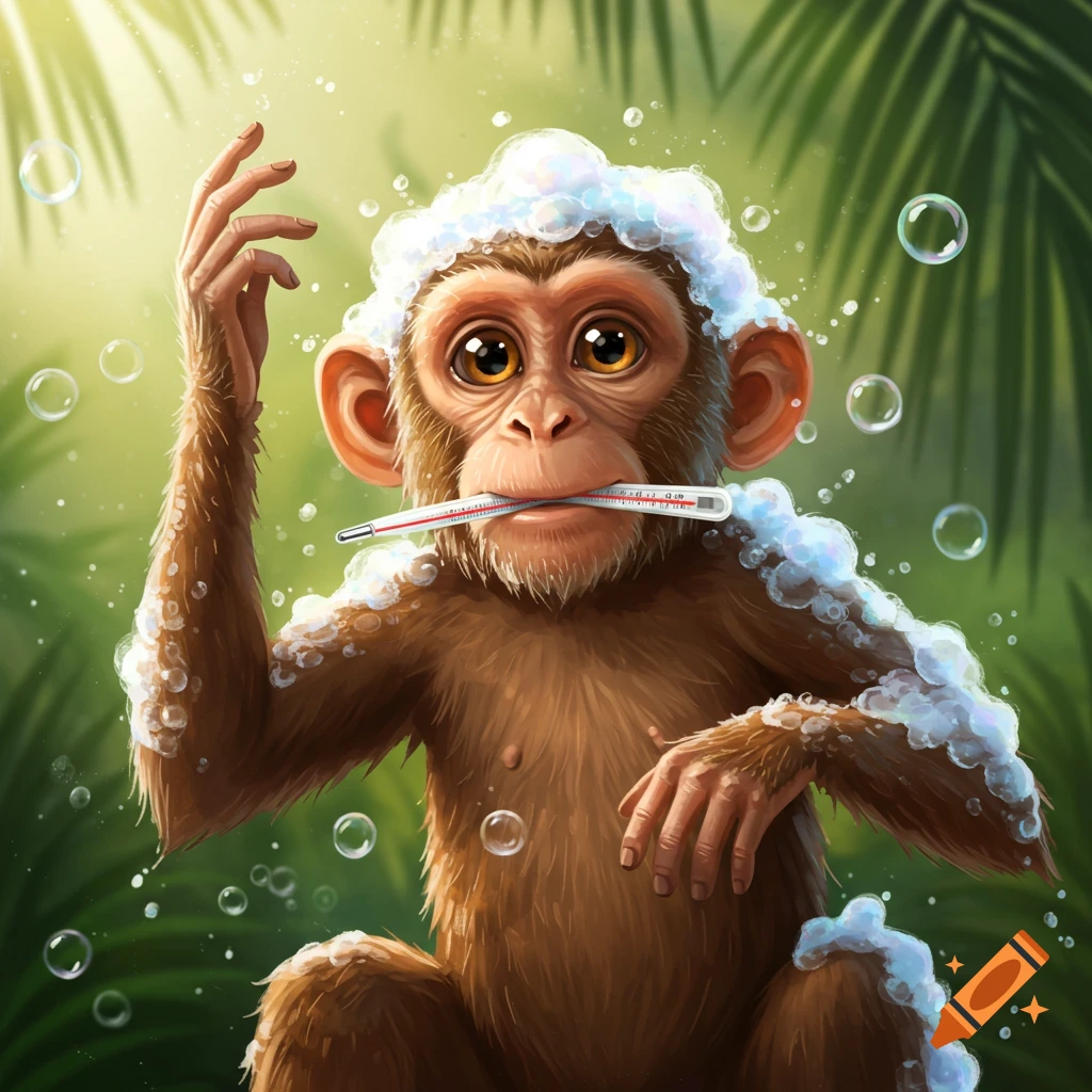 A cartoon monkey with shampoo bubbles on its head and shoulders holds a thermometer in its mouth while bubbles float around it in a jungle setting.