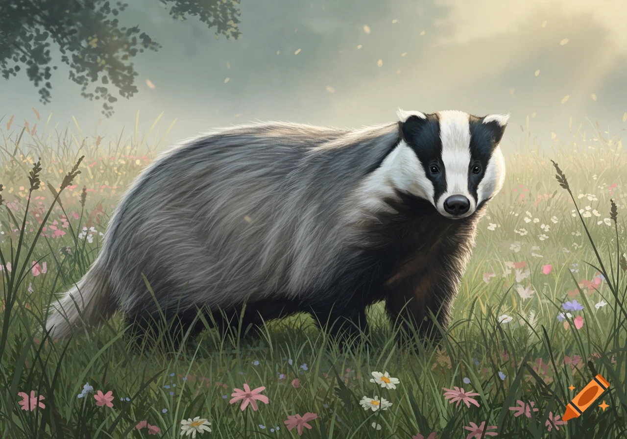 A badger with black and white stripes on its head stands in a field of green grass and small wildflowers under a hazy, light sky.