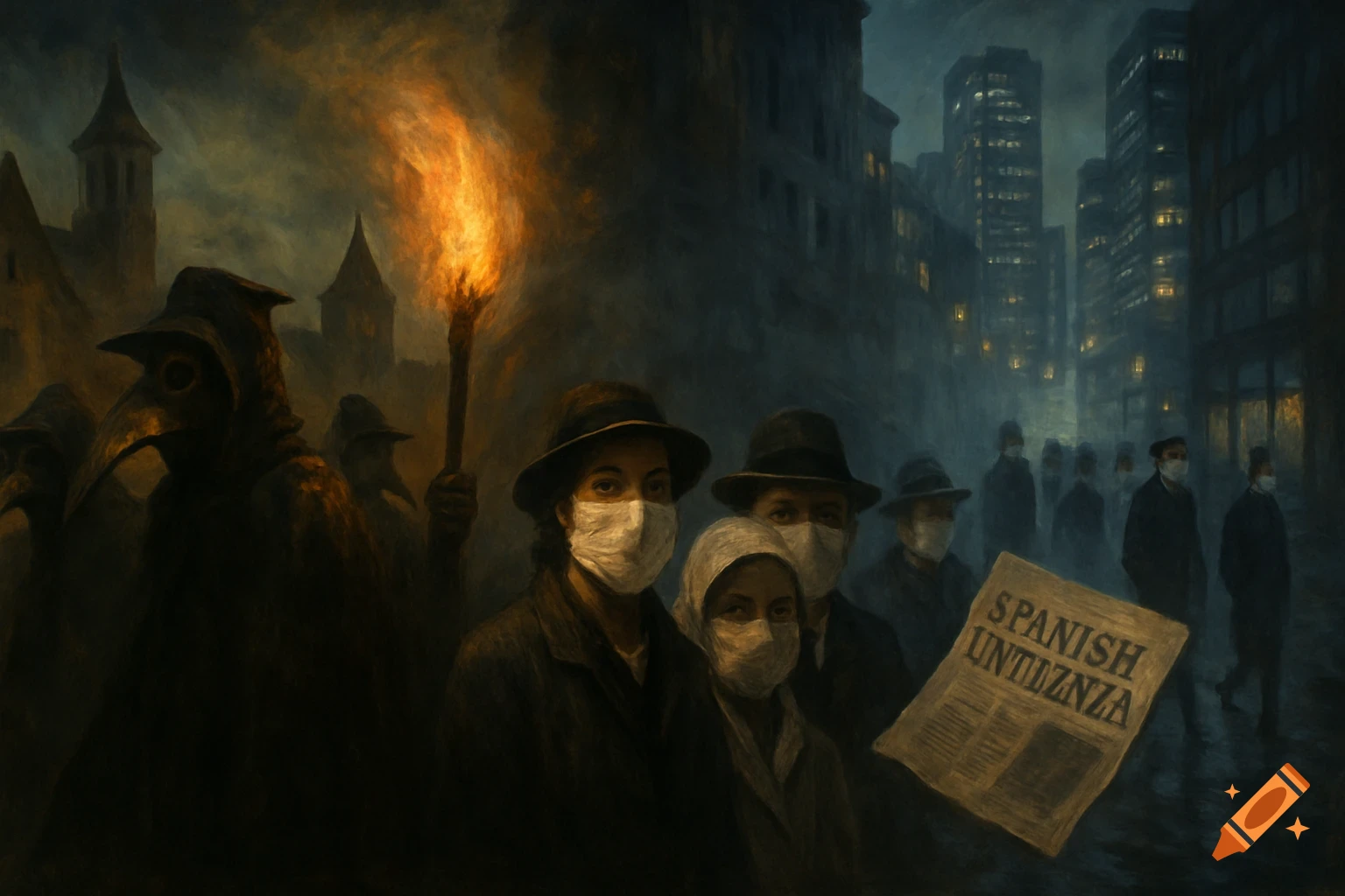 A dark, painterly image of people in masks and plague doctor outfits, holding a torch and a newspaper, on a misty city street.