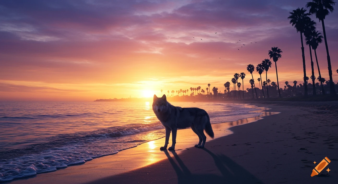 A wolf stands on a sandy beach at sunset, with palm trees silhouetted against an orange and purple sky.