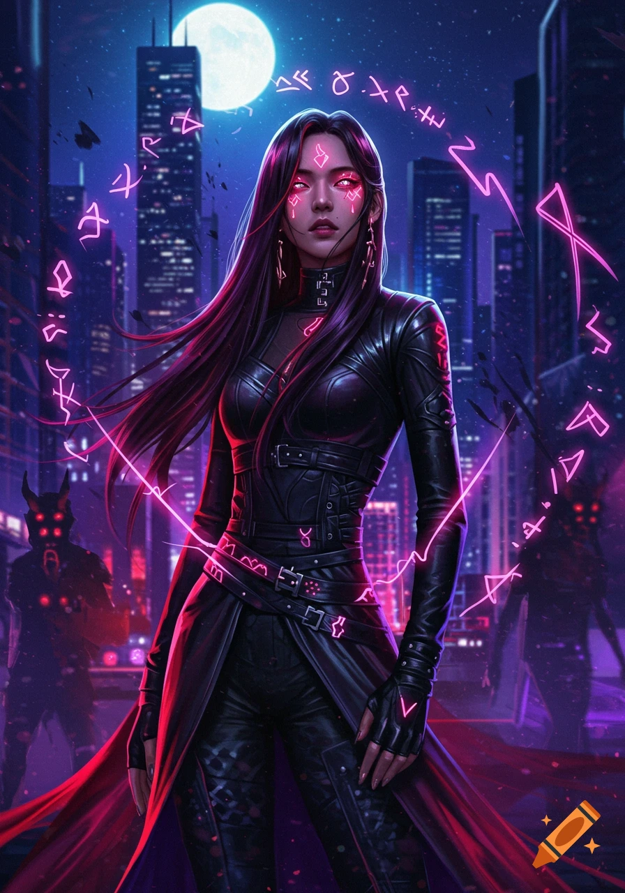 A female character with glowing red eyes and pink magical runes in a futuristic city at night, wearing a black leather outfit.