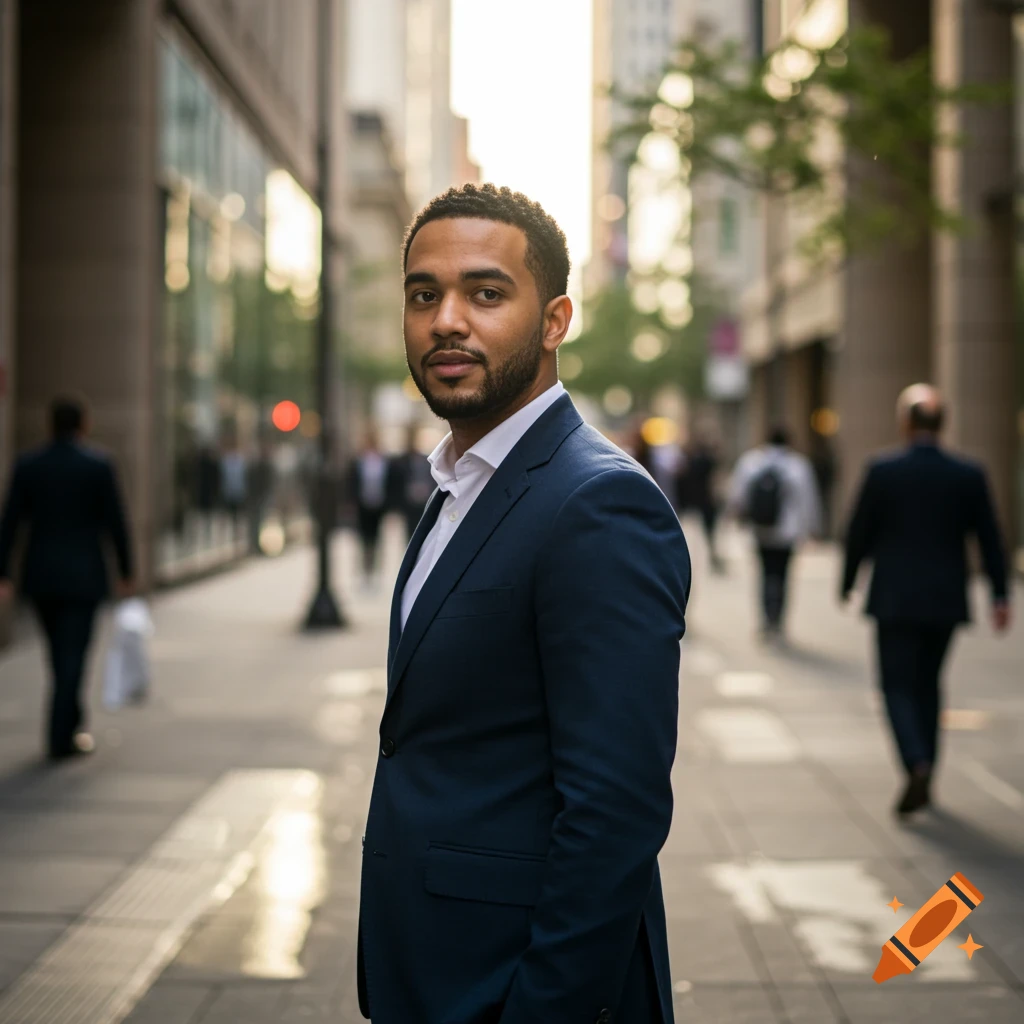 A man in a navy suit stands on a city sidewalk looking at the camera, with blurred people and buildings in the background. Photorealistic style.