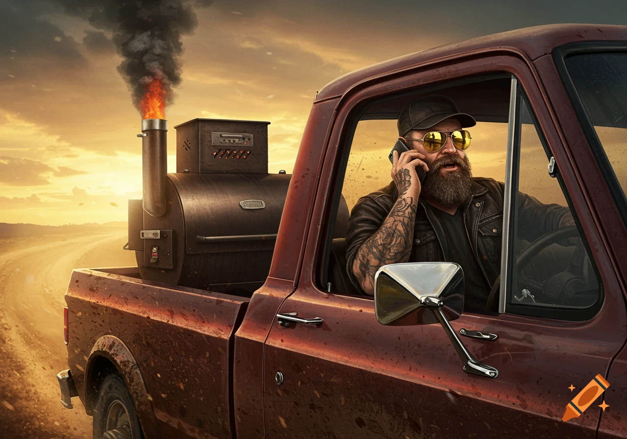 Bearded man in sunglasses drives a muddy pickup truck at sunset, talking on phone with smoking BBQ grill in truck bed. Photorealistic.