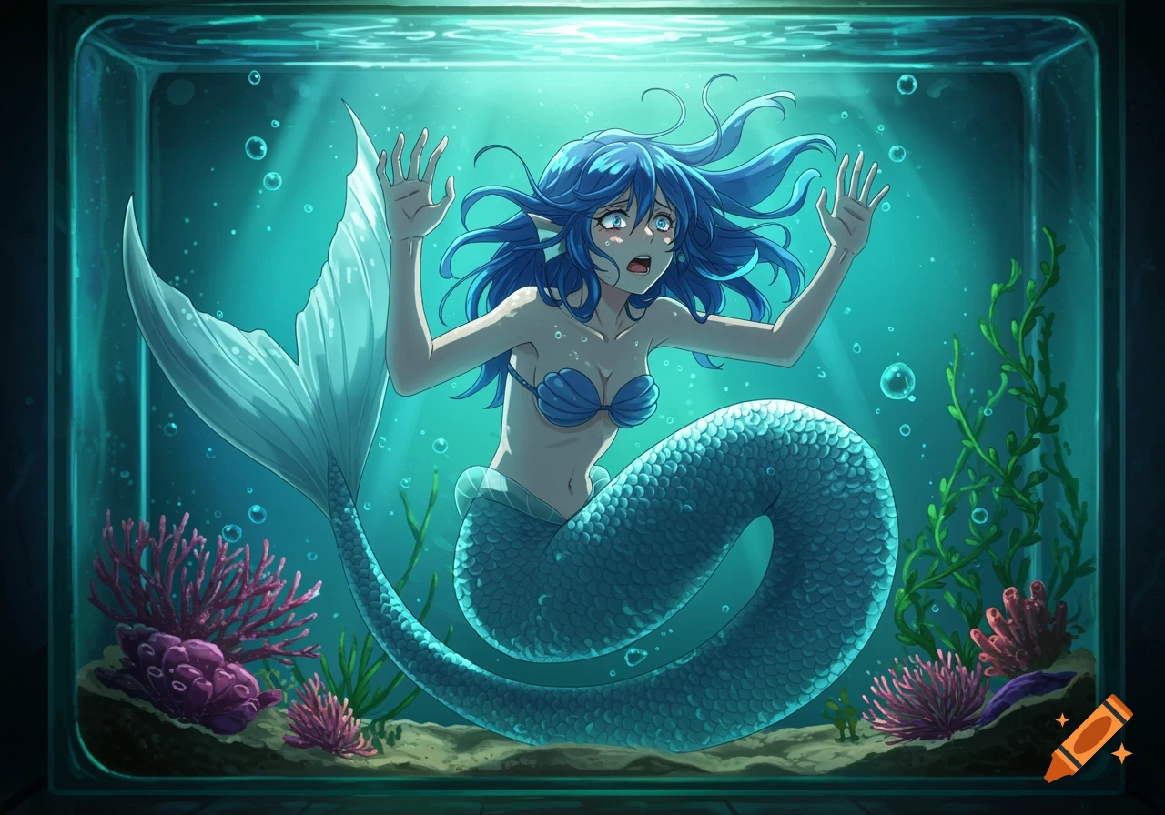 Anime style drawing of a blue-haired mermaid in a cramped aquarium with hands pressed against the glass, appearing distressed.