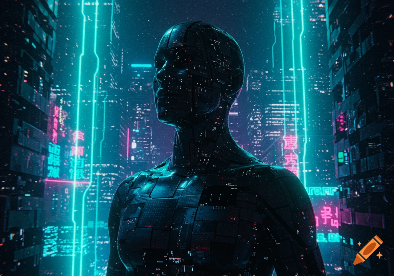 A dark, metallic cyborg figure stands against a backdrop of a neon-lit futuristic city, showcasing a cyberpunk aesthetic.