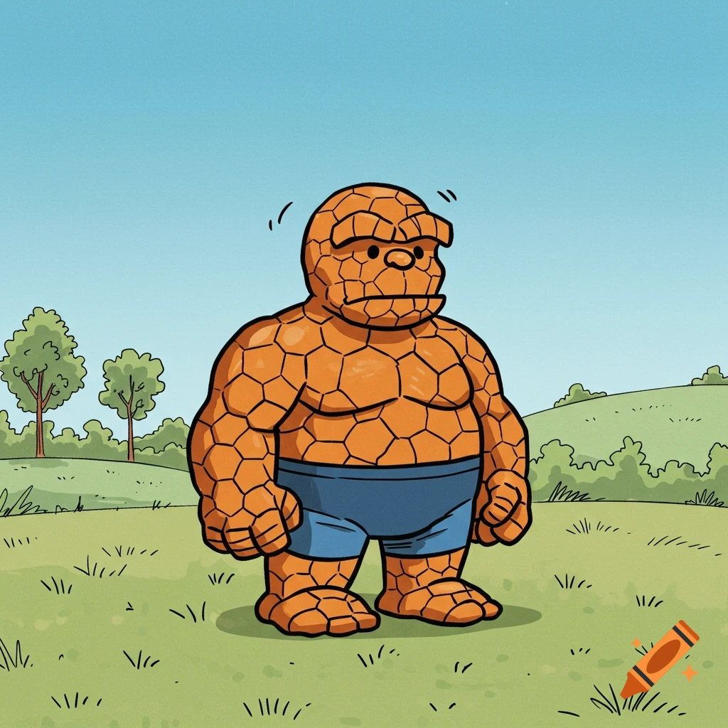 A cartoon drawing of Marvel's The Thing character in a Charles Schulz Peanuts style, standing in a grassy field.