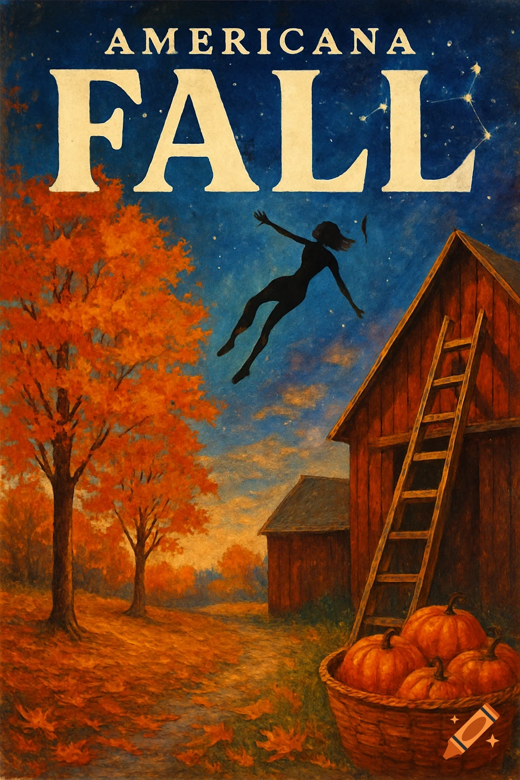 A vintage-style Americana album cover titled 'AMERICANA FALL' depicting a silhouetted figure floating above a rural autumn landscape with fall foliage, a barn, and a basket of pumpkins.