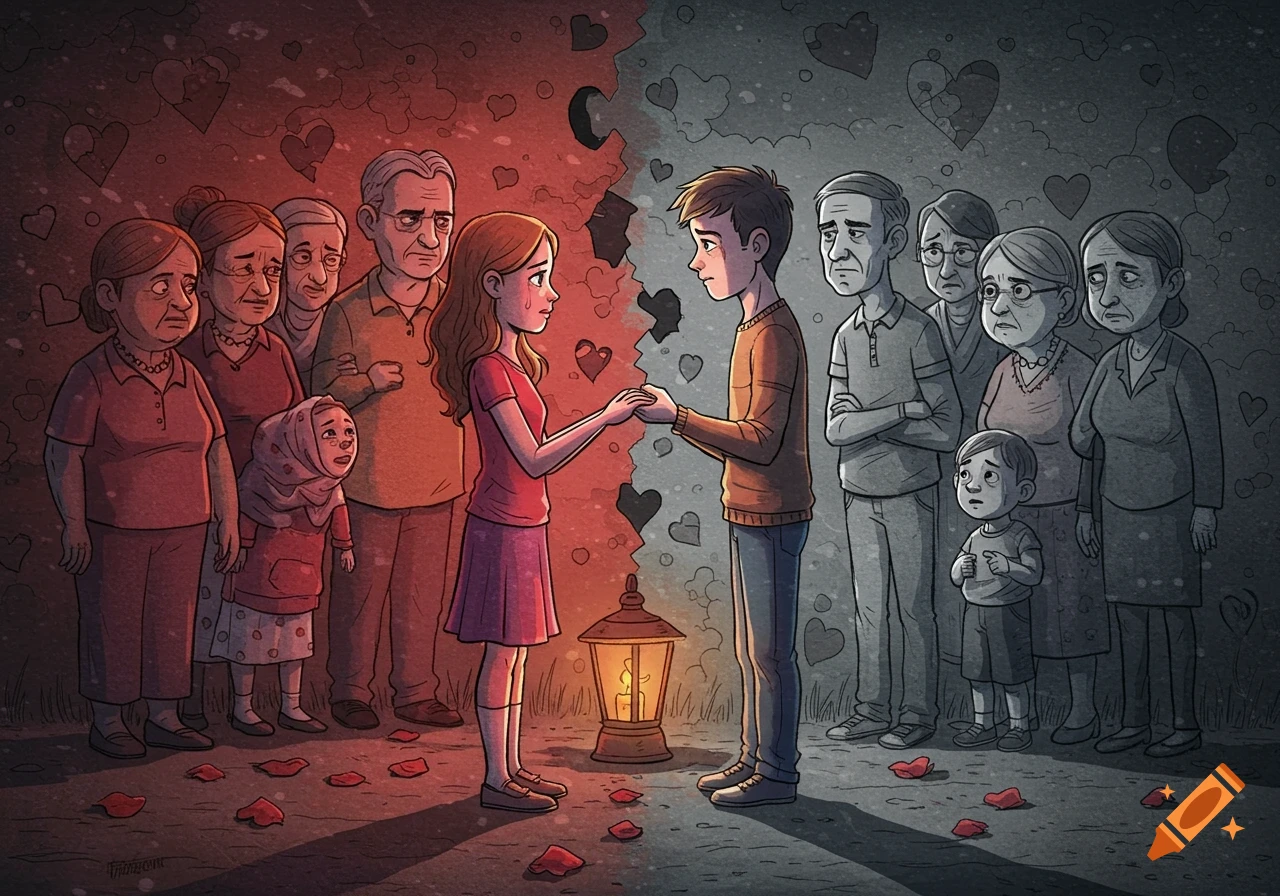 Cartoon illustration of a young couple holding hands, separated by a red and gray split background, surrounded by disapproving family members.