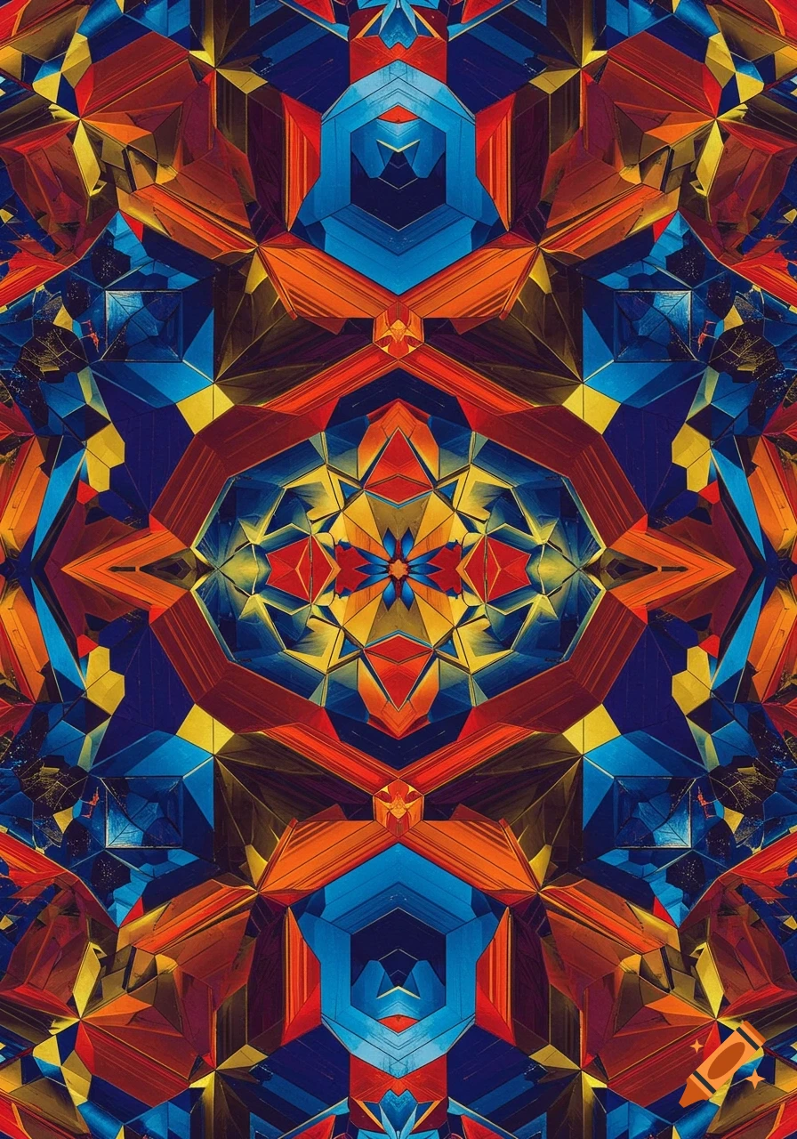 A vibrant abstract geometric pattern with tessellations and symmetry in shades of blue, orange, red, and yellow, resembling an optical illusion.