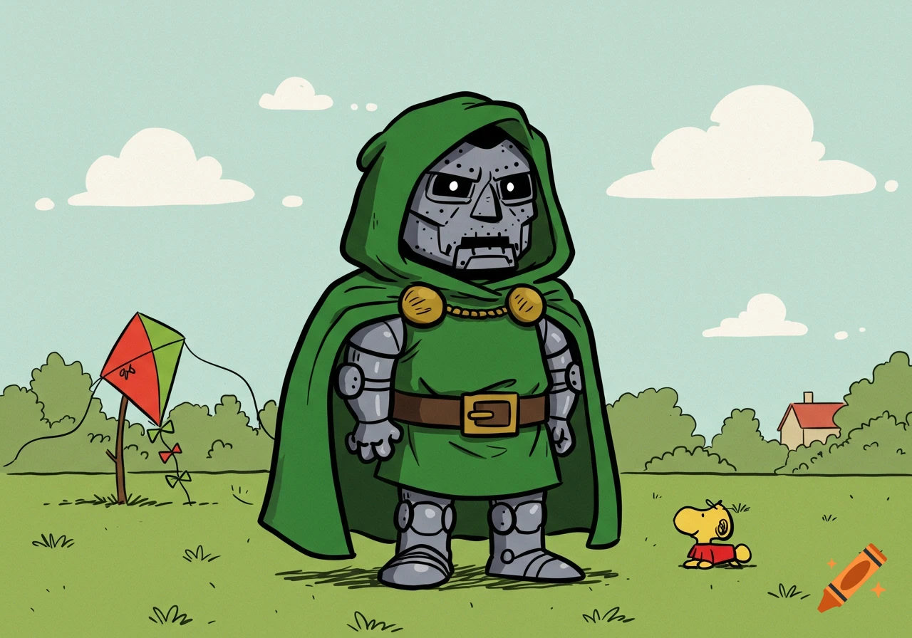 Dr. Doom in a green hooded cape stands in a field next to a red and green kite and a small yellow bird, in the style of Peanuts comics.