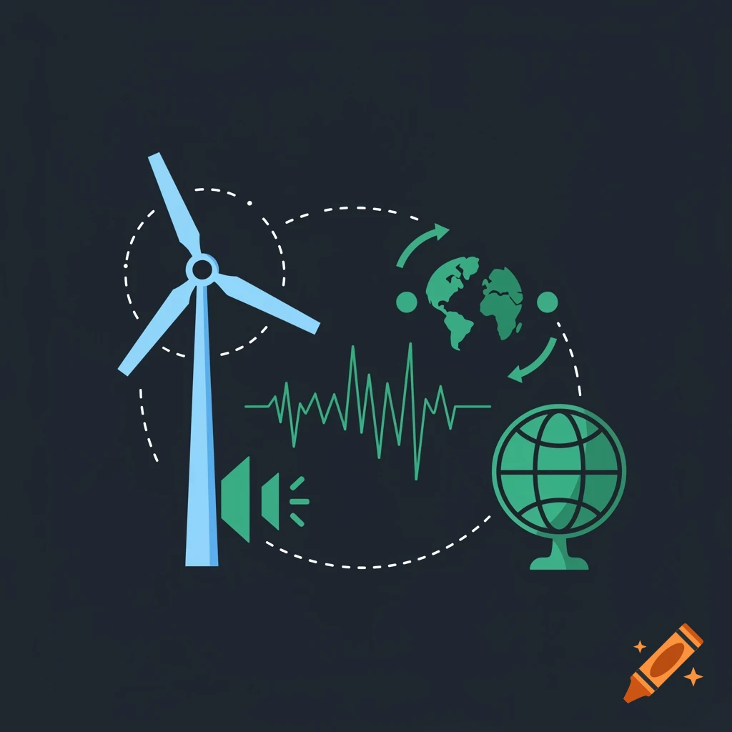 A stylized illustration featuring a blue wind turbine, a green sound wave, and two green globe icons on a dark background.