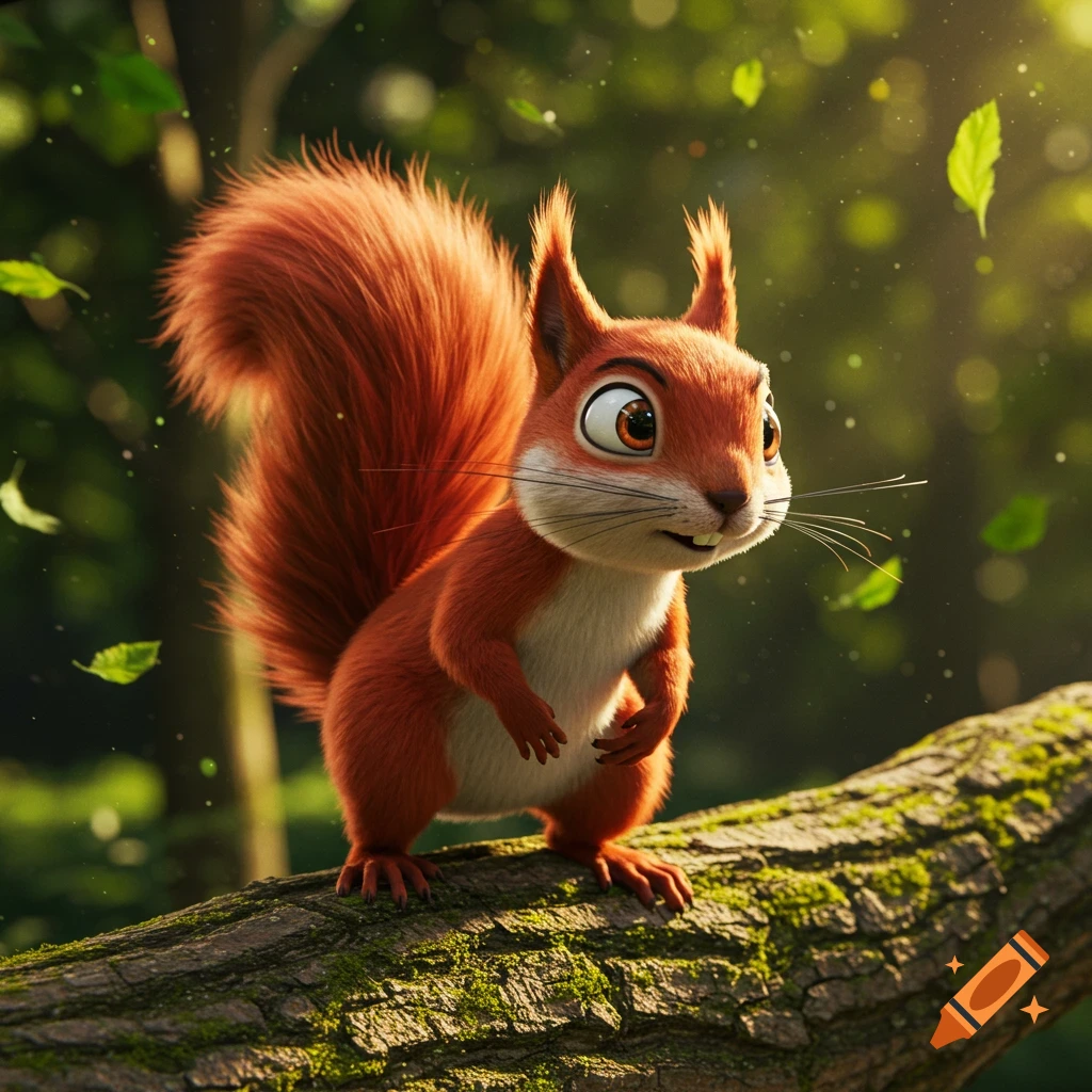 A cute, orange animated squirrel with big eyes on a mossy tree branch in a sun-dappled forest.
