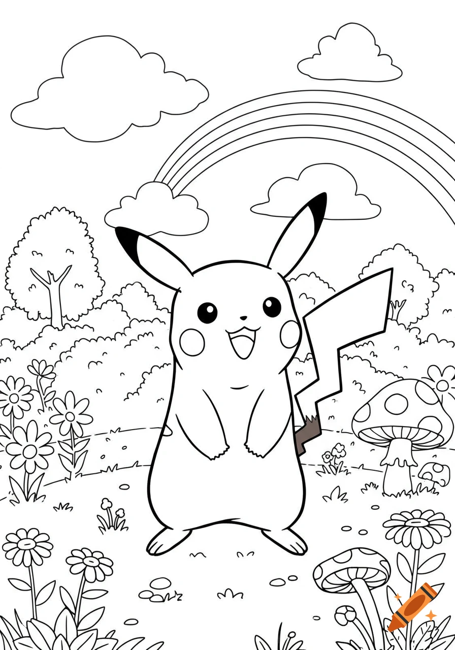 Line art coloring page featuring Pikachu standing in a field with flowers, mushrooms, clouds, and a rainbow in the sky.