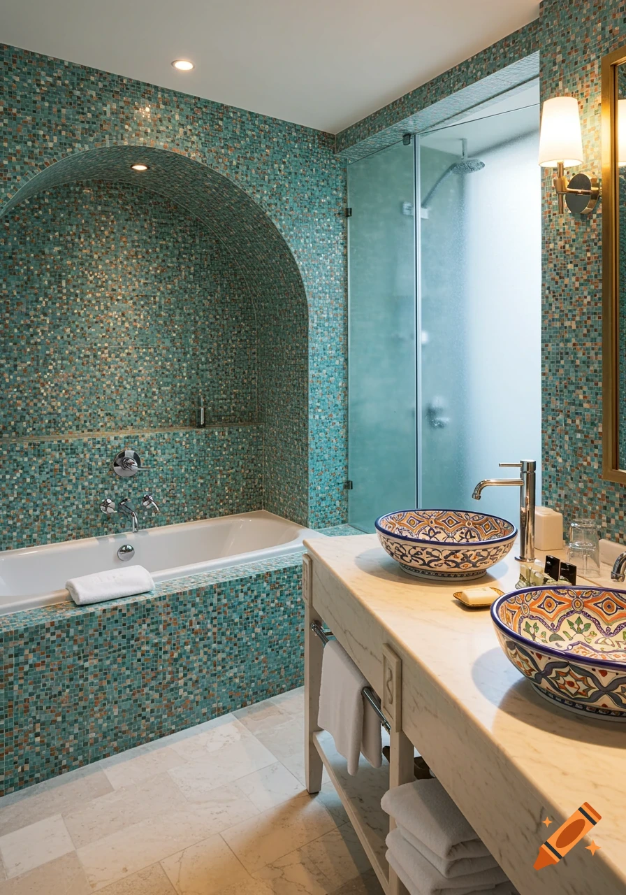 A luxurious bathroom with teal mosaic tiles, an alcove bathtub, a glass shower stall, and a marble vanity with dual colorful patterned sinks.