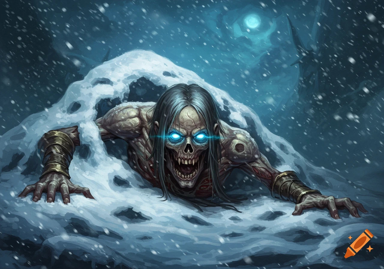 A terrifying undead creature with glowing blue eyes and long hair crawls out of a snowy mound, in a digital painting style.