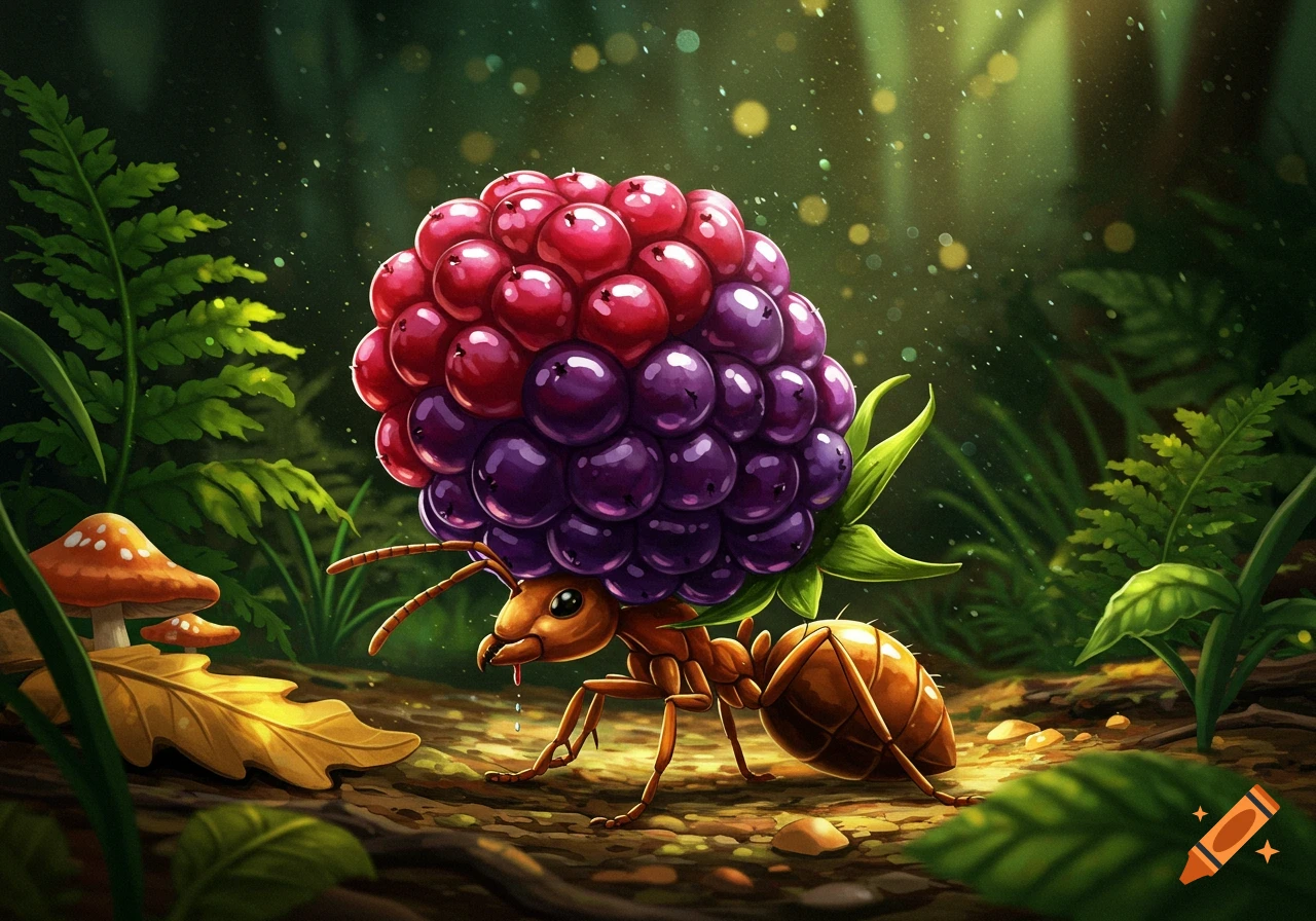 A cartoon ant carries a large red and purple berry on its back, walking on a detailed forest floor with mushrooms and ferns in sunlit woods.
