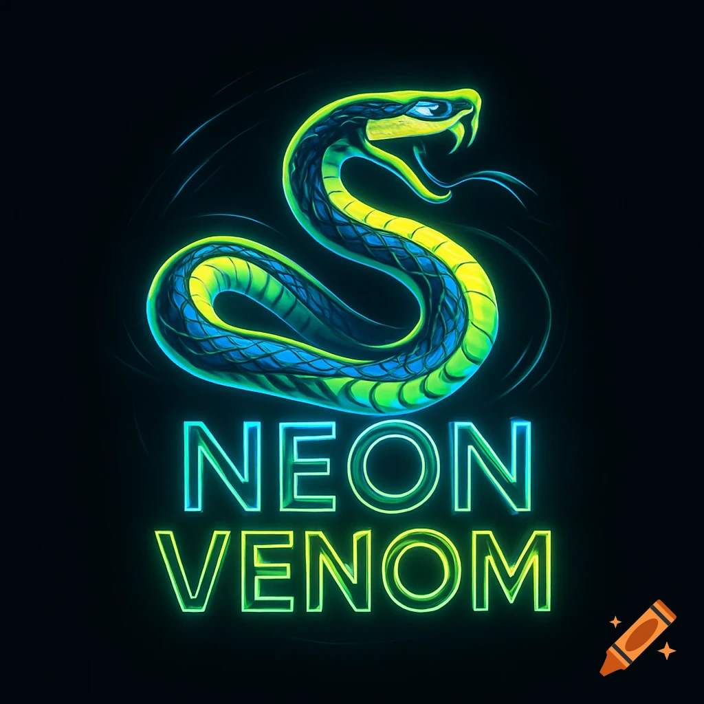 A stylized neon green and blue snake logo coiled above glowing text 'NEON VENOM' on a black background.