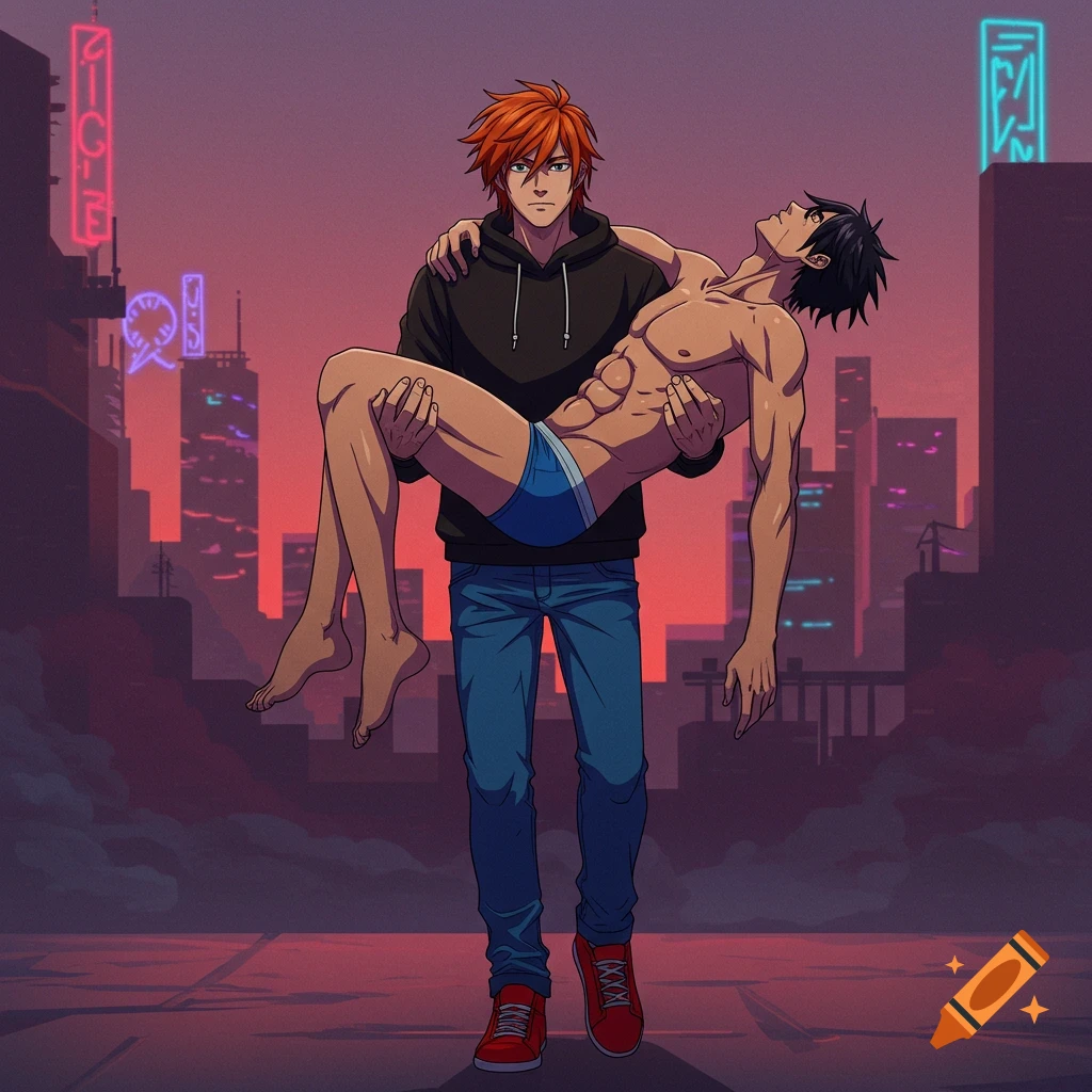 An anime man with red hair carries an unconscious, muscular man in blue briefs through a neon-lit city at dusk.
