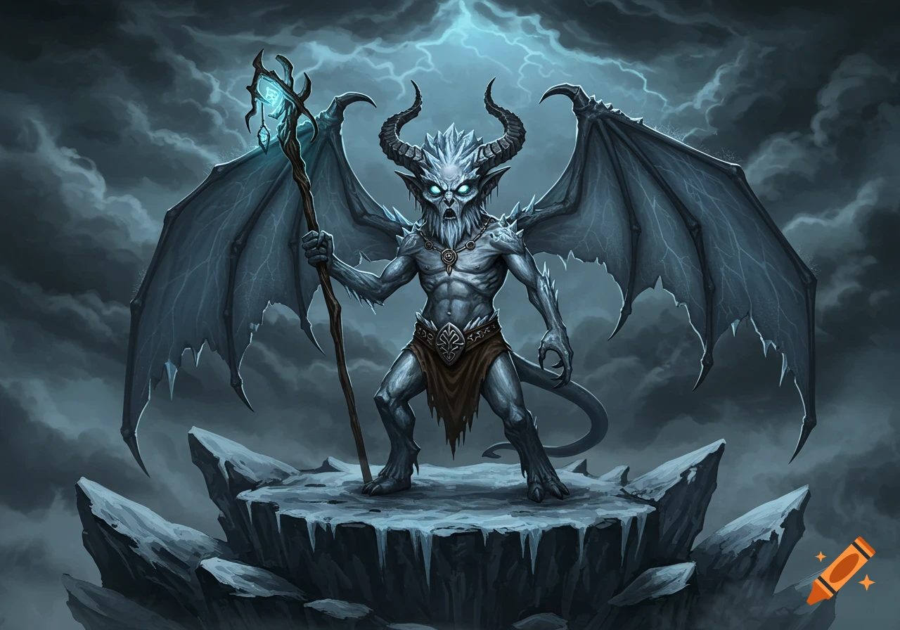 A grey, horned, winged demon stands on an icy peak, holding a glowing staff under a stormy, lightning-filled sky in a fantasy art style.