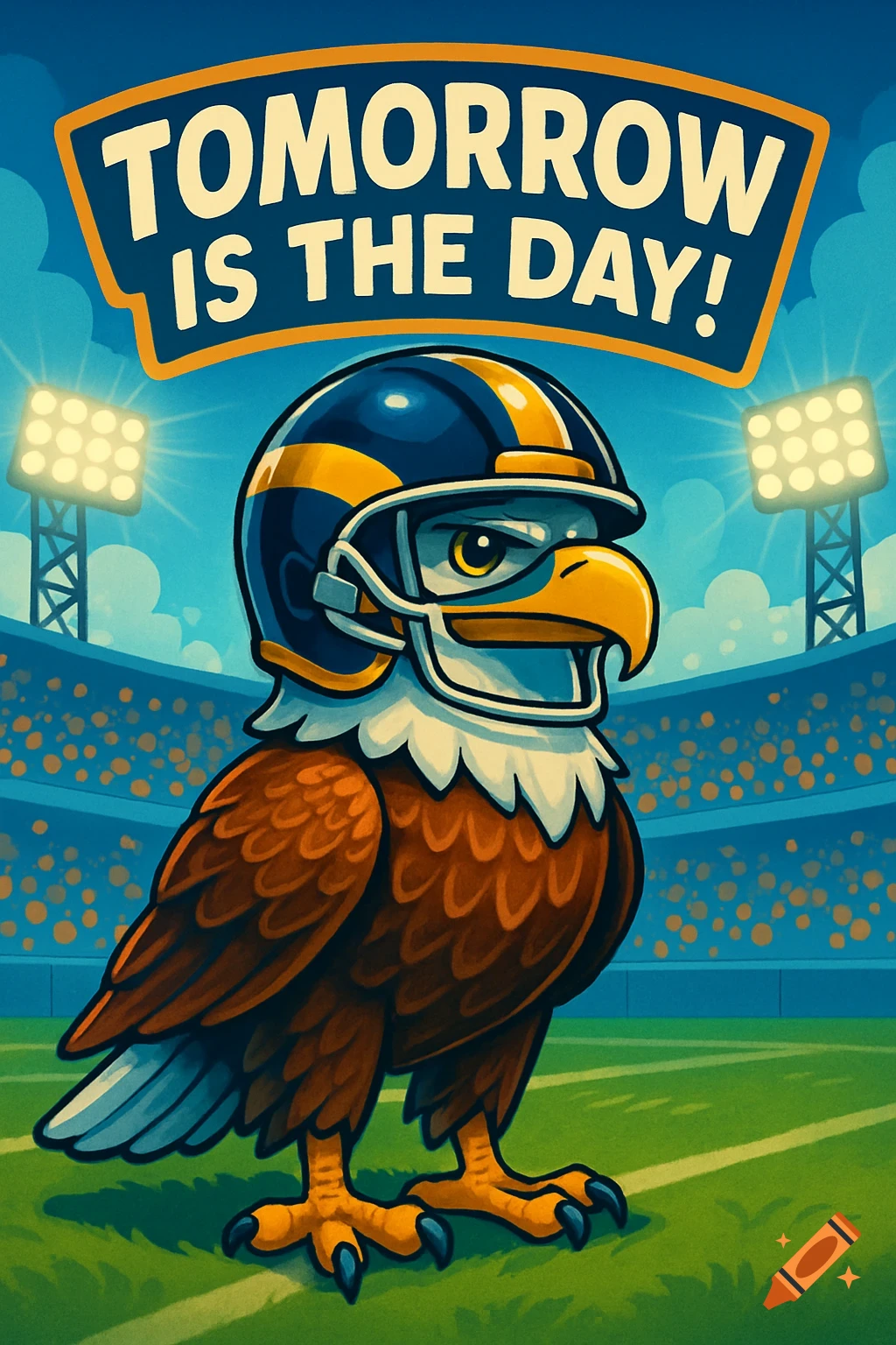 A cartoon eagle wearing a navy and gold football helmet stands on a football field under a banner that reads "TOMORROW IS THE DAY!".