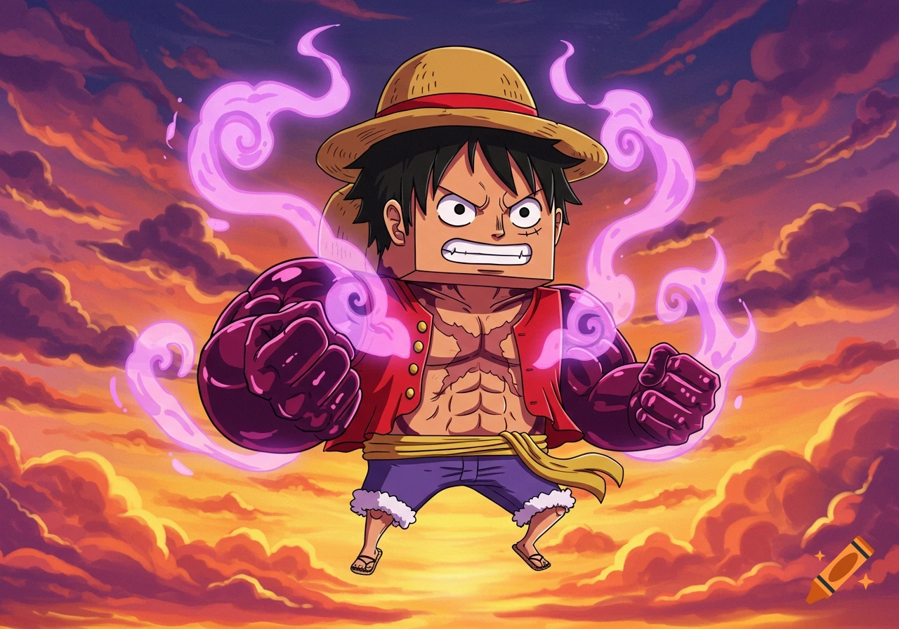 Cartoony cubic Luffy in Gear 4 form, with exaggerated muscles and a purple aura, stands against a vibrant sunset sky.