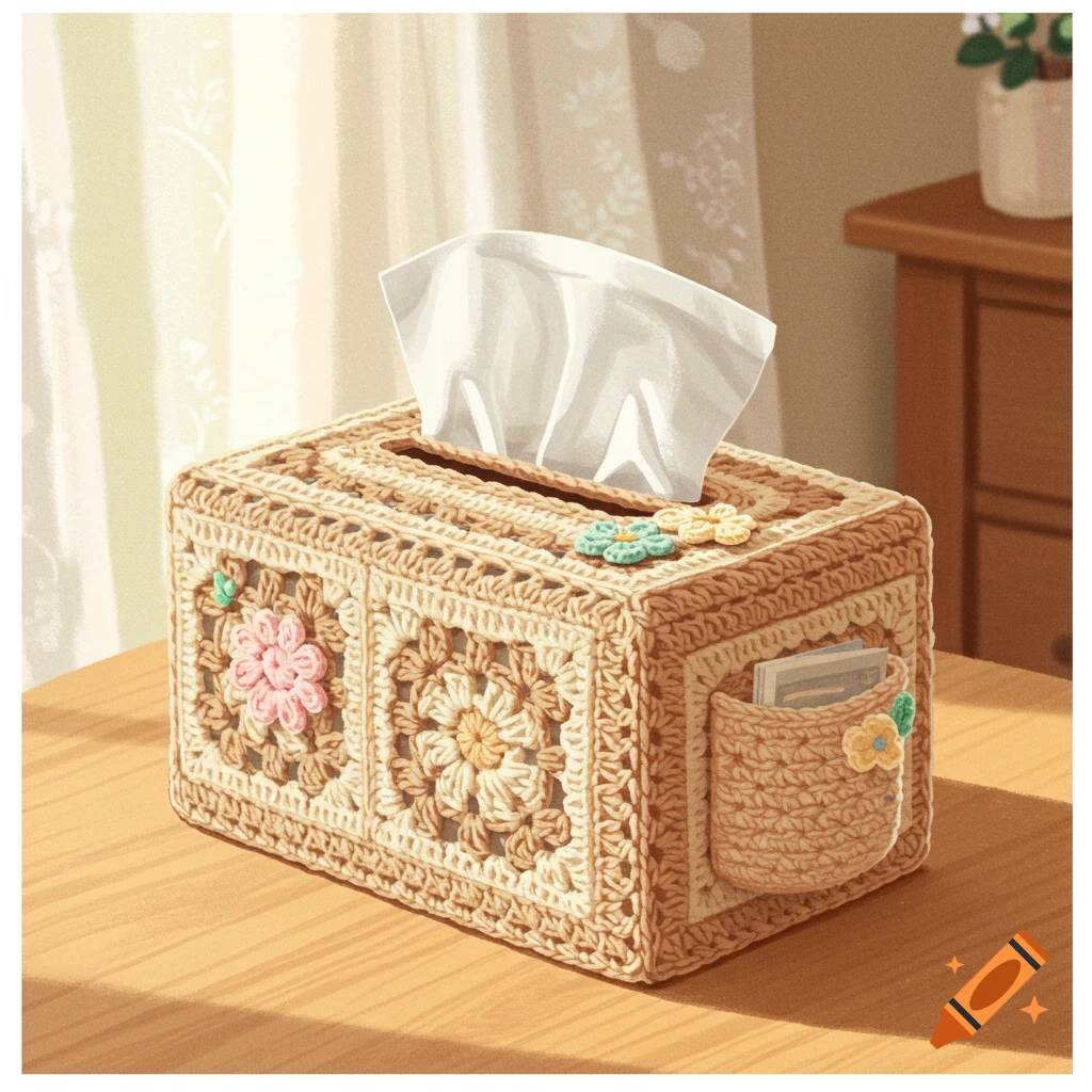 Illustrative depiction of a light brown crochet tissue box cover with colorful flower motifs and a side pocket, on a wooden table.
