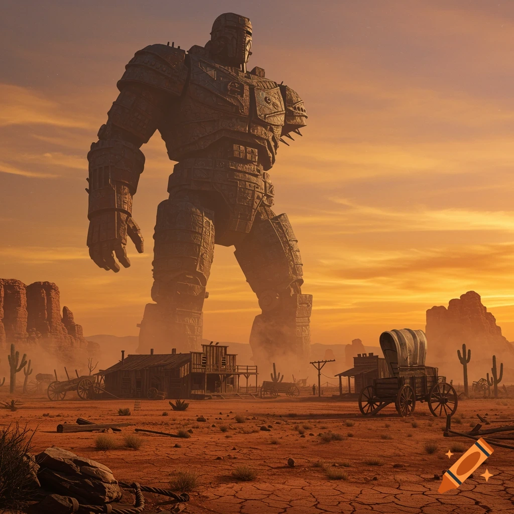A massive, armored colossus stands over a desolate Western town with wooden buildings and a wagon under an orange sunset.