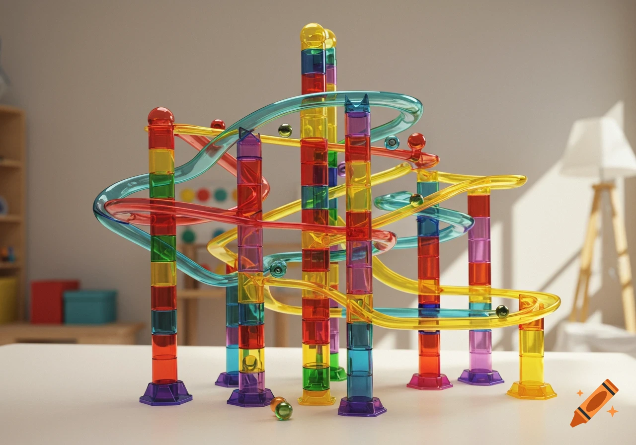 Photorealistic colorful plastic marble run with marbles on a white table in a room.