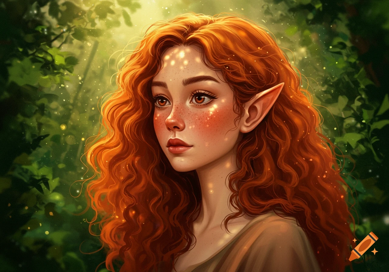 A fantasy portrait of a young woman with long, red curly hair, freckles, and elf ears, against a vibrant green forest background.
