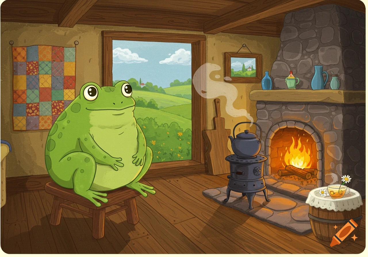 A plump green cartoon frog sits on a wooden stool in a cozy country cottage with a fireplace, looking out a window at a green landscape.