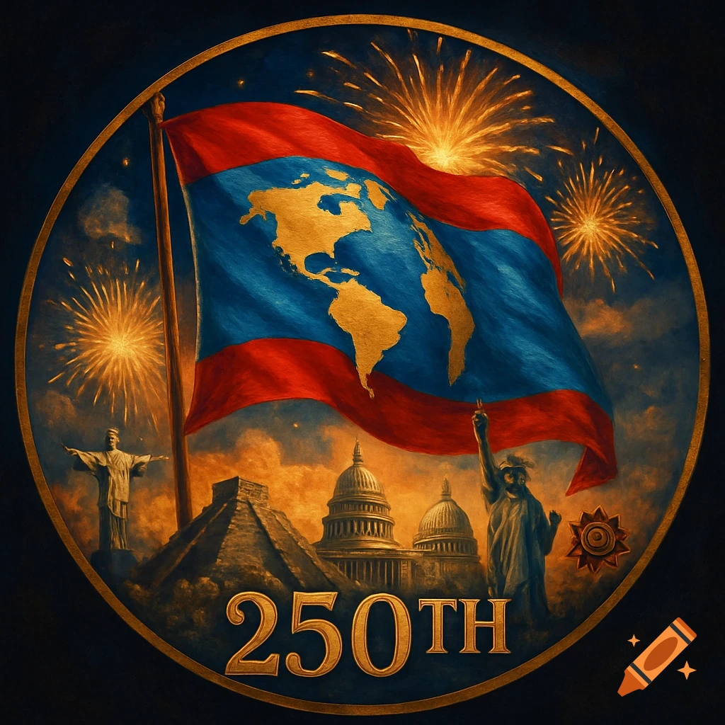A commemorative round emblem with a flag showing a gold map of the Americas, landmarks, fireworks, and '250TH' text.