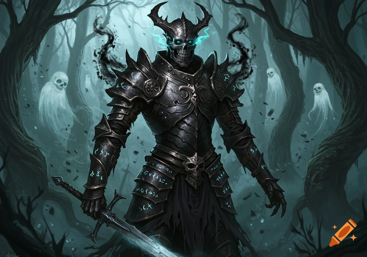 A dark armored skeletal knight with glowing blue eyes stands in a misty, dark forest with ghosts, holding a sword.