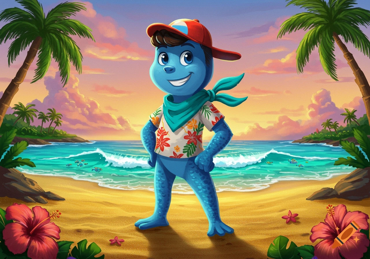A vibrant cartoon of a blue creature wearing a Hawaiian shirt and cap, smiling on a tropical beach at sunset.